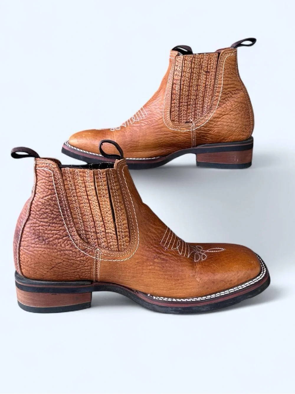 El Carril brown leather Chelsea boots with white stitching